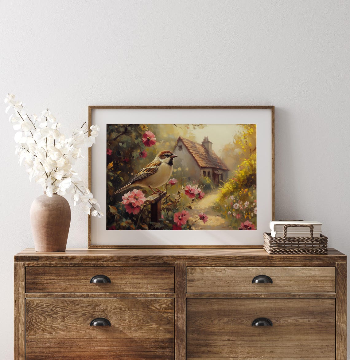 Sparrow Resting In Sunlit Flowering Cottage Garden Summer Poster - Image 2