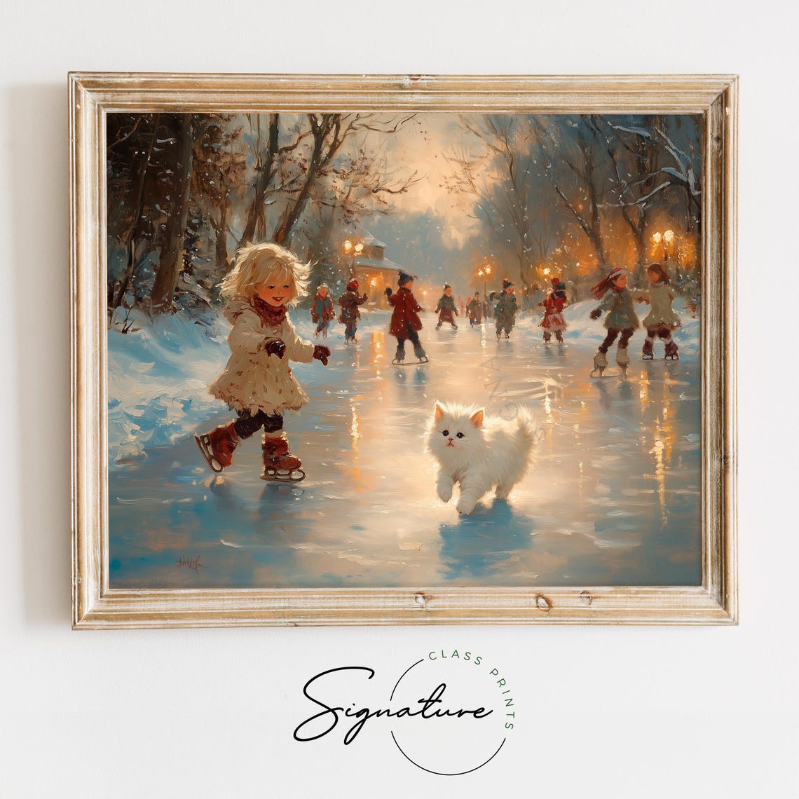 Little Girl Ice Skating With A White Kitten On A Frozen Pond Poster