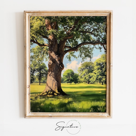 Tranquil Oak Tree Green Meadow Summer Landscape Rustic Countryside Poster