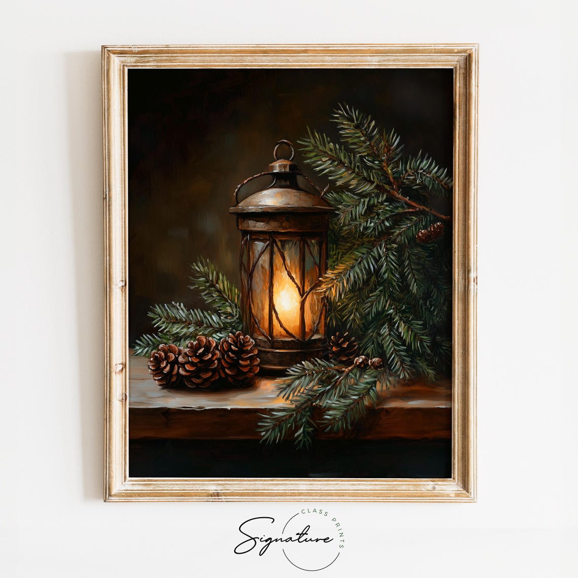 Vintage Rustic Lantern With Pinecones Moody Winter Still Life Poster