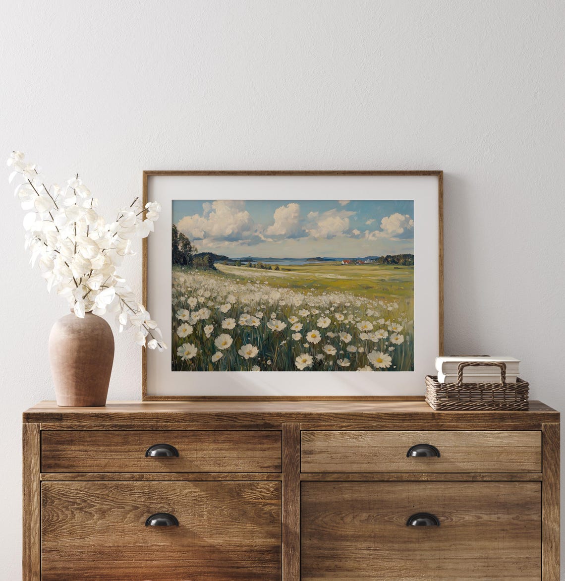 White Flowers Blooming Meadow Lakeside Summer Cottagecore Art Poster - Image 3