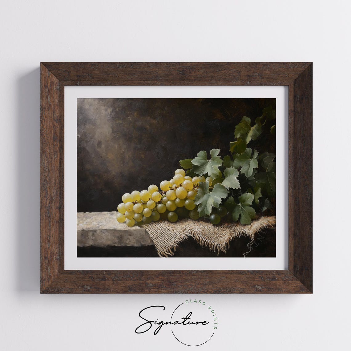 White Grape Vine Still Life Dark Rustic Vintage Oil Painting Print - Image 5