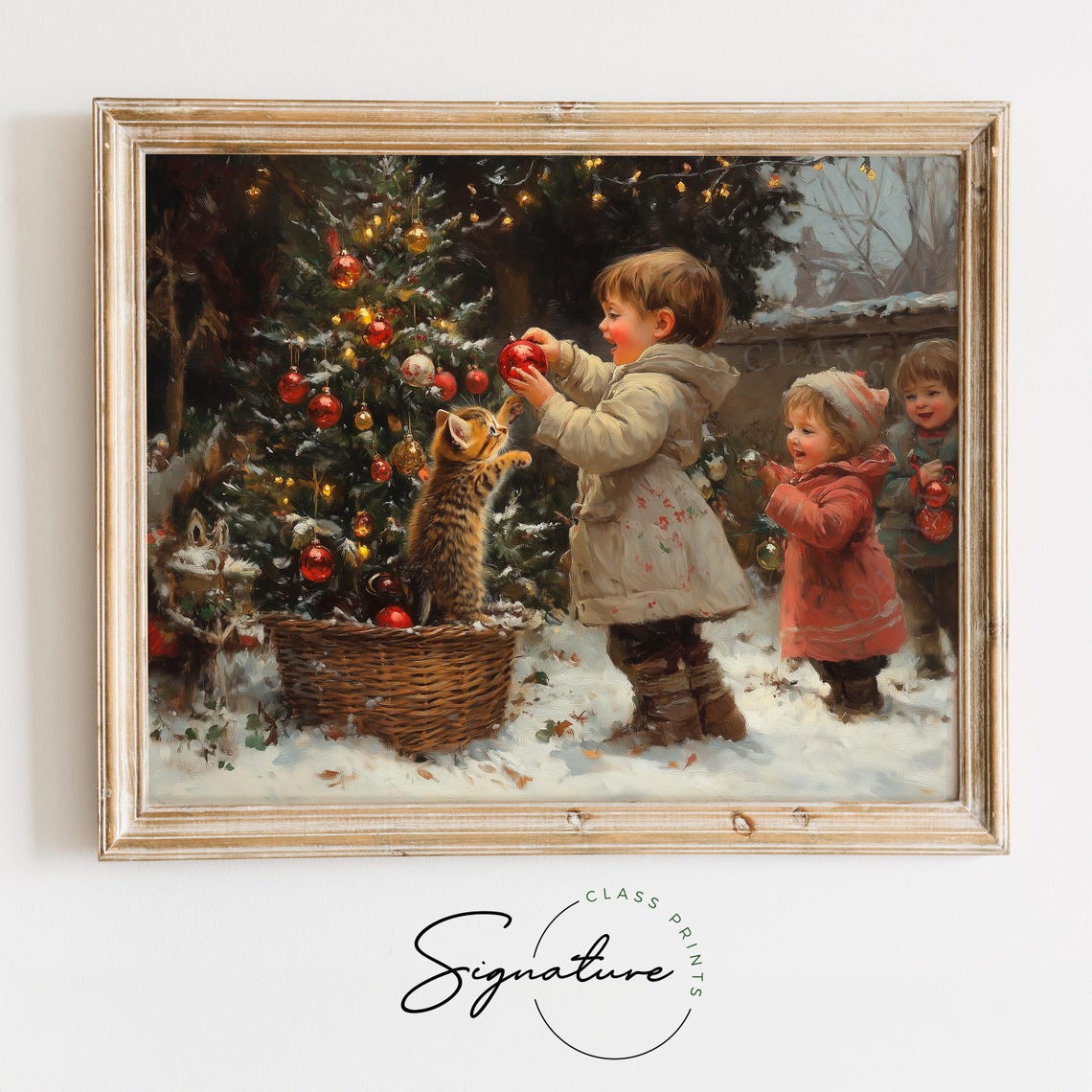 Children and a Kitten Decorating a Small Christmas Tree in Snow Poster