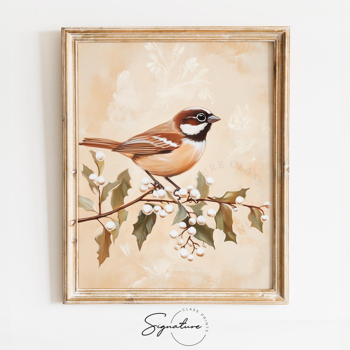 Chickadee on Holly Branch with White Berries Vintage Winter Poster