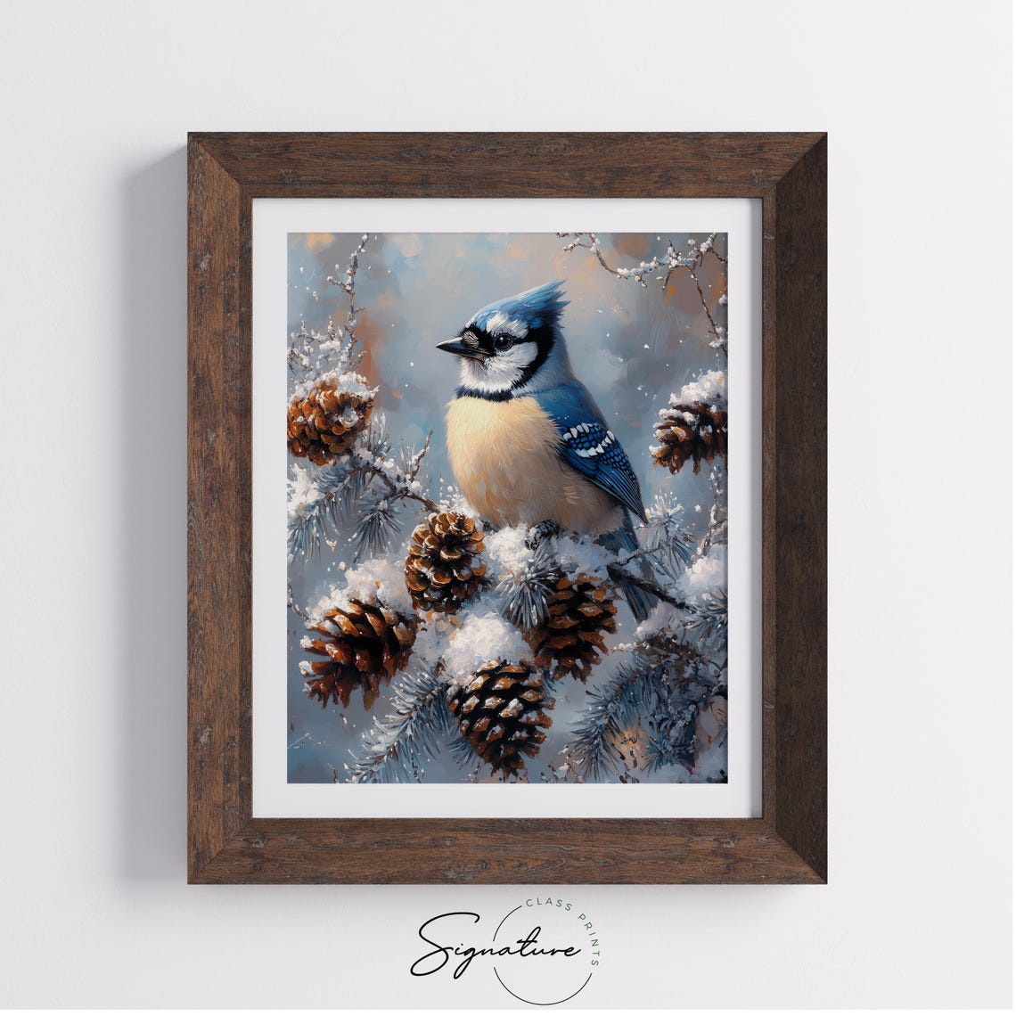 Blue Jay Among Snow Dusted Pinecones Winter Bird Painting Poster - Image 2