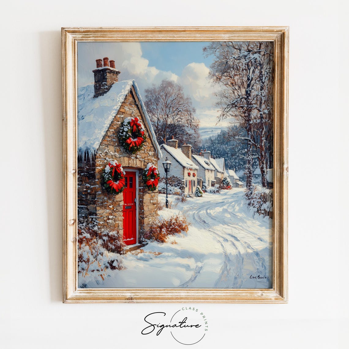 Stone Cottage with Red Door and Wreaths on Snowy Lane Poster