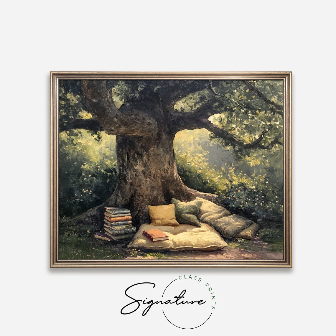 Cozy Reading Nook Under Tree Books Cushions Vintage Garden Oil Poster - Image 4