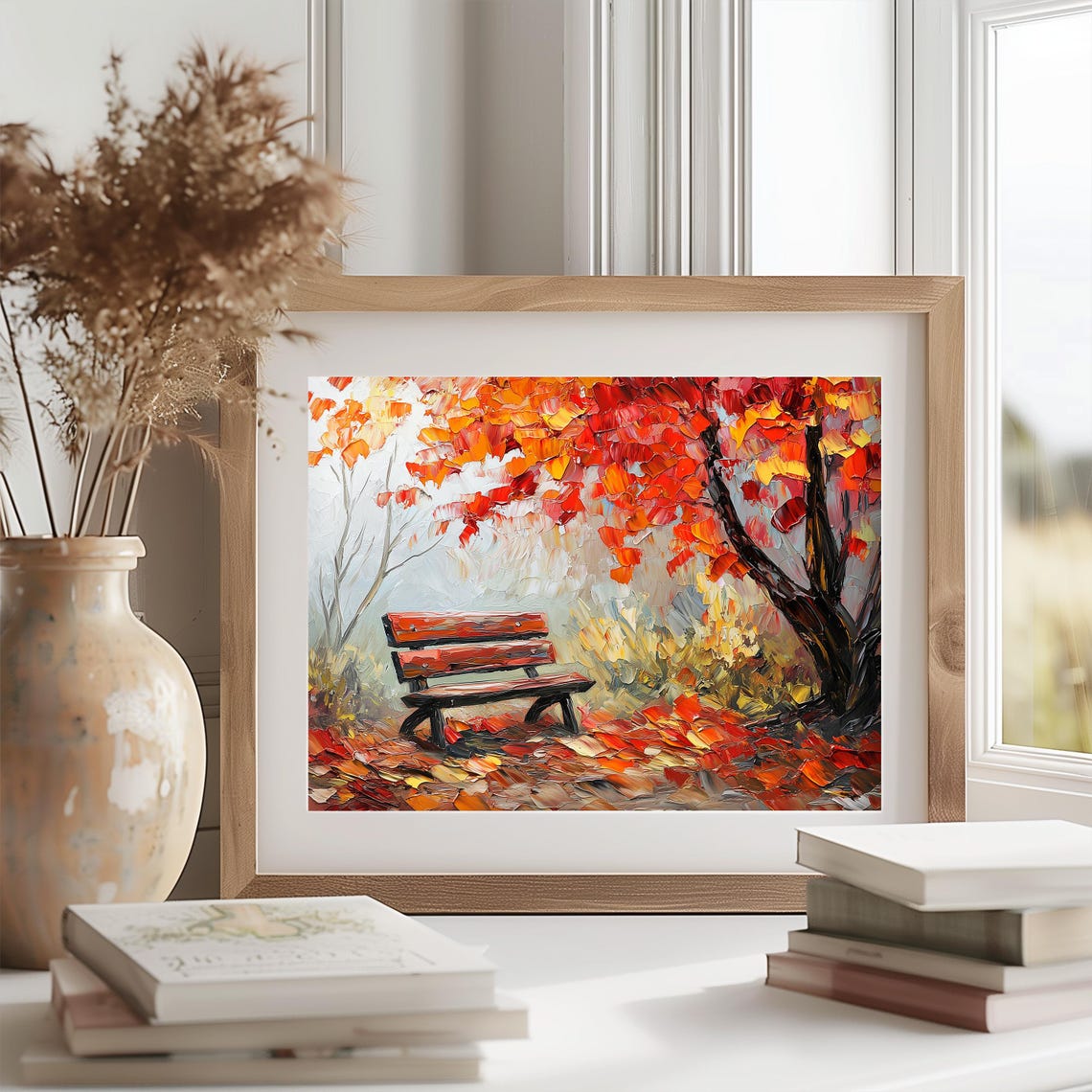 Autumn Park Bench Painting Red Maple Tree Vibrant Fall Leaves Poster - Image 2