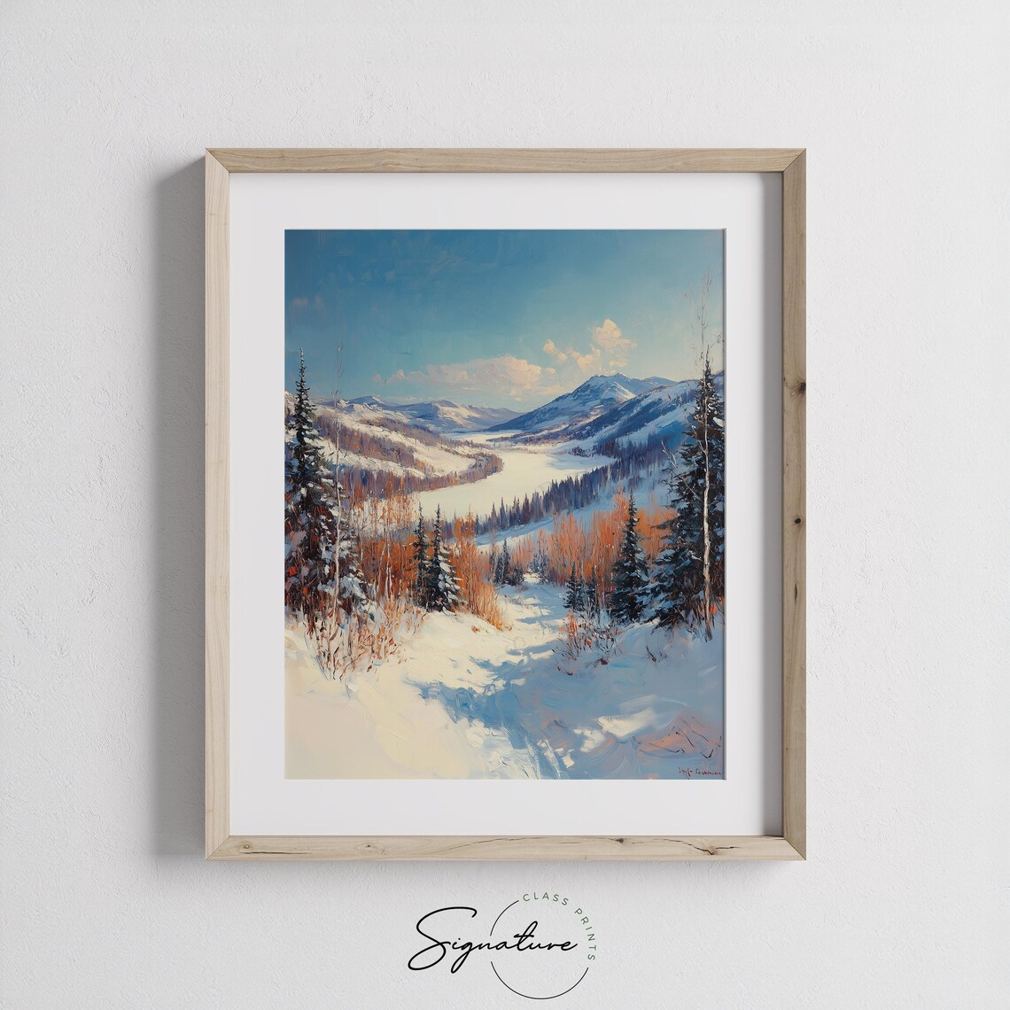 Sunny Snowy Mountain Valley with Frozen Lake and Pines Poster - Image 2