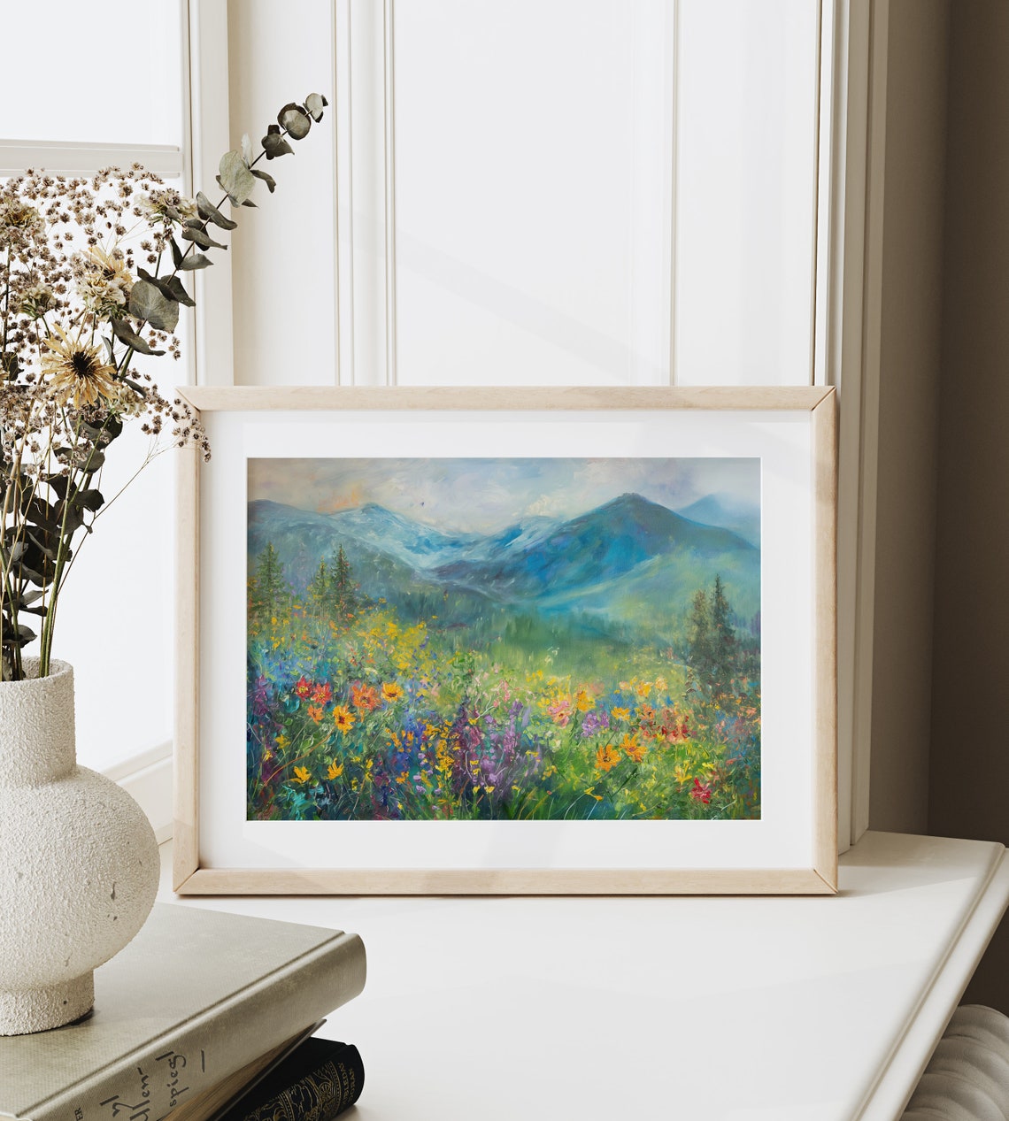 Dense Wildflower Meadow with Blue Mountains Impressionist Poster - Image 6
