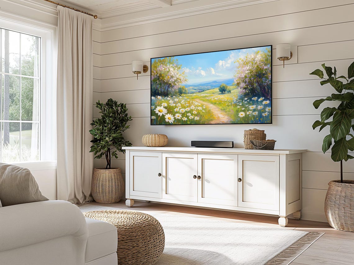 Daisy Meadow Path Lined With Blossom Trees Bright Frame TV Wall Art - Image 5
