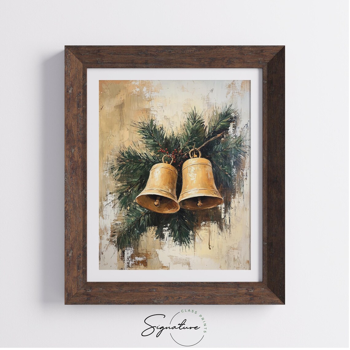 Pair of Golden Christmas Bells with Pine Branches Oil Painting Print - Image 3