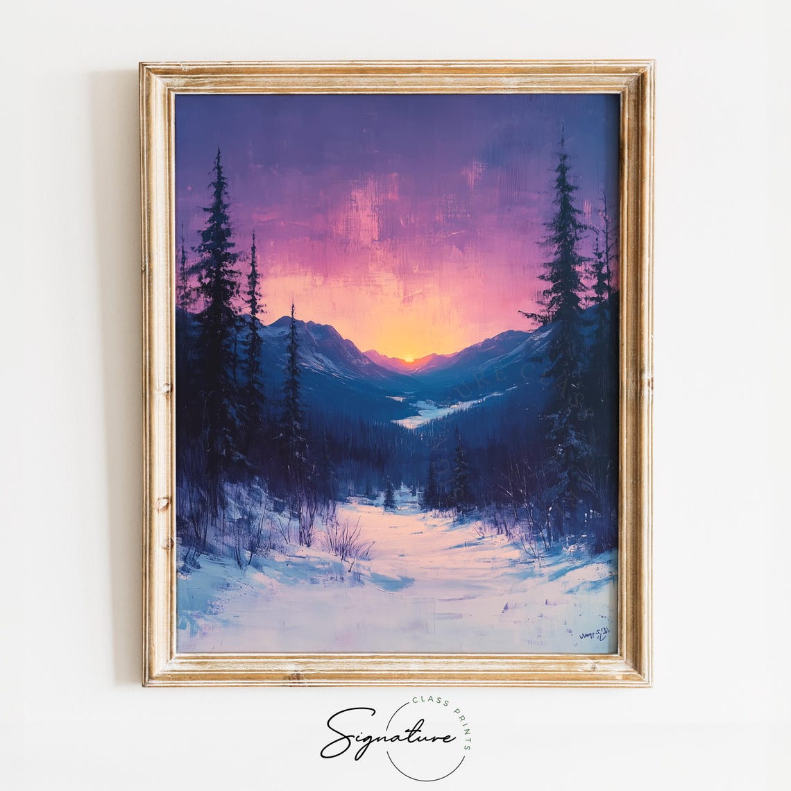 Twilight Winter Valley Purple Sunset Mountain Landscape Poster