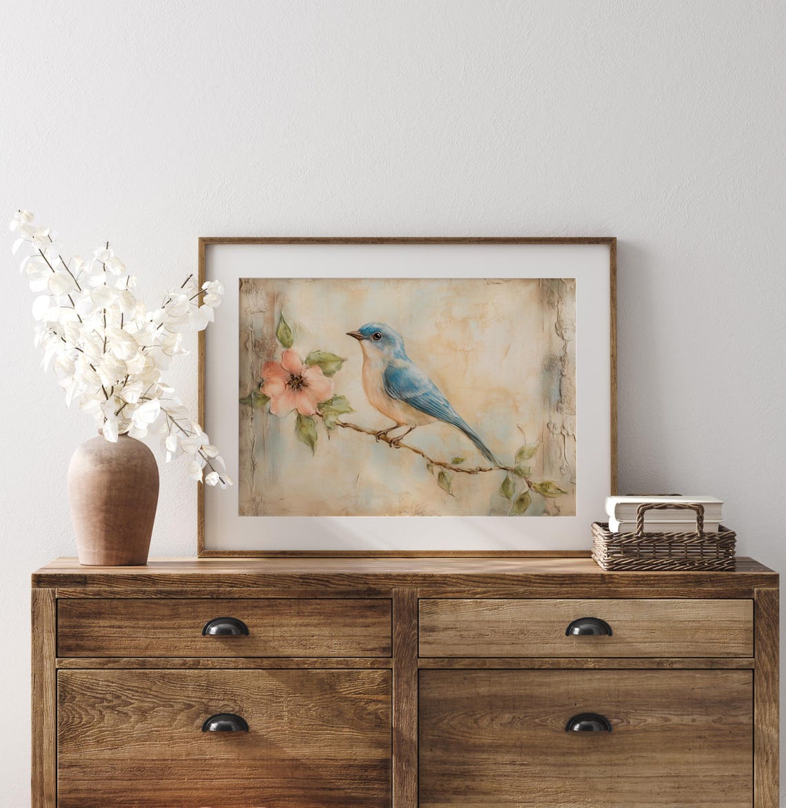 Dreamy Bluebird On Blossom Branch Vintage Bird Art Pastel Print - Image 2