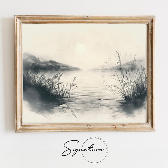 Quiet Lake At Dawn Sketch Tranquil Nature Scene Peaceful Lake Art Serene Landscape Decor Rustic Wall Decor Piece 893