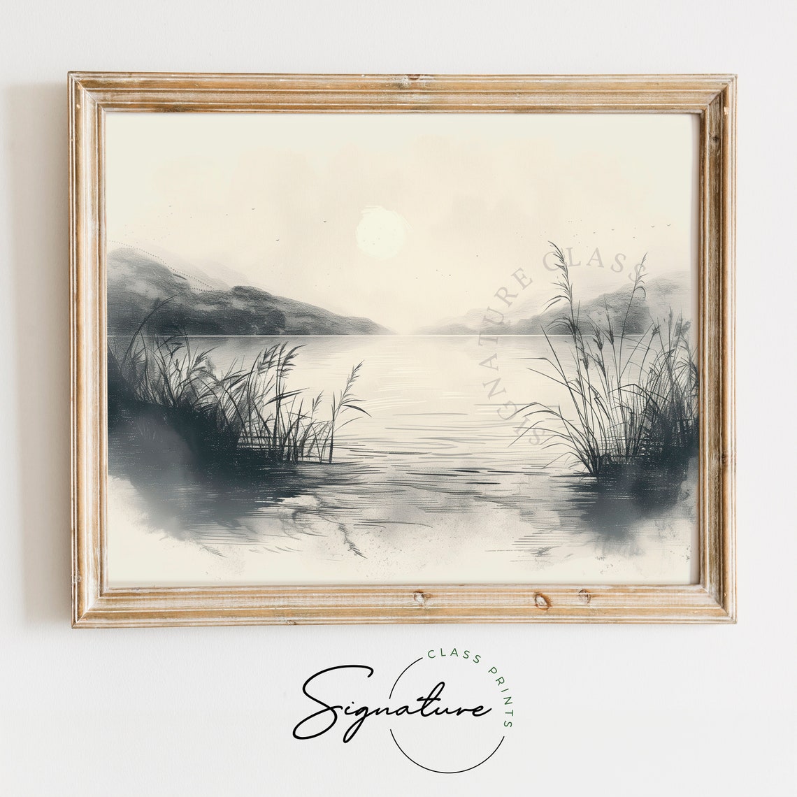 Quiet Lake At Dawn Serene Monochrome Ink Sketch Landscape Poster