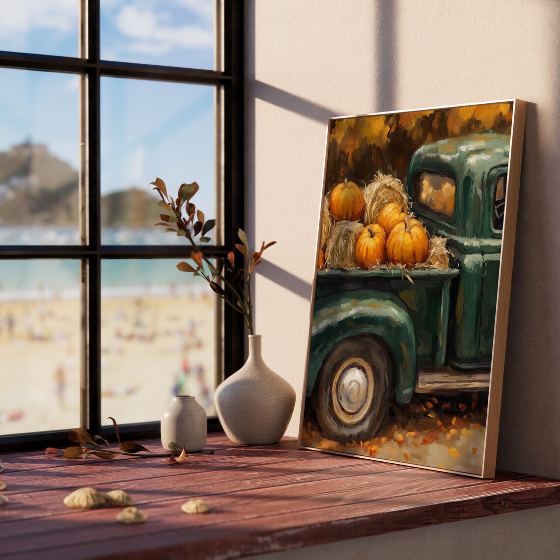 Vintage Green Pickup Truck Loaded With Pumpkins And Hay Poster - Image 5