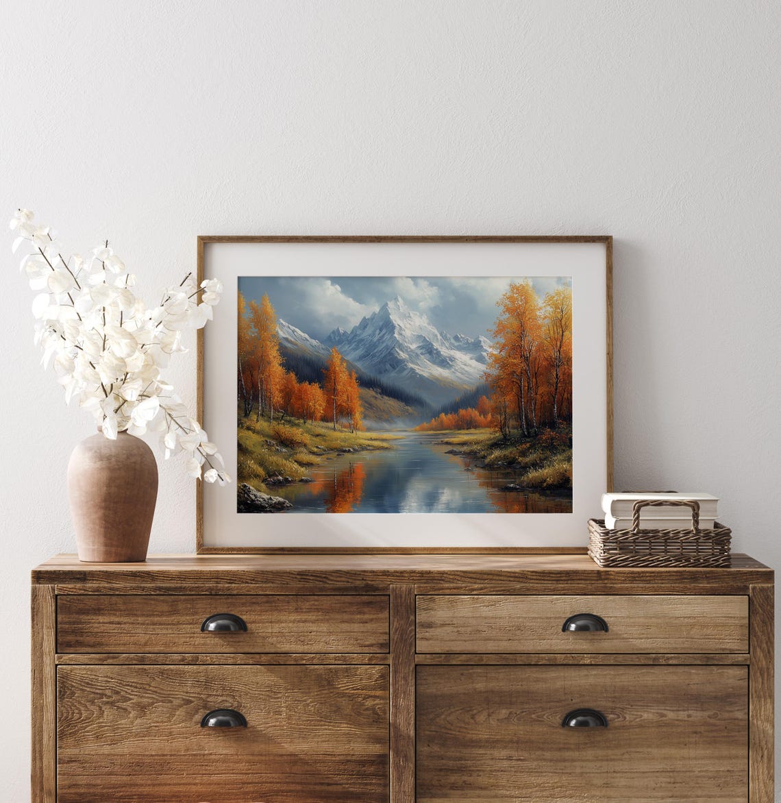 Autumn River Mountain Reflection Orange Aspens Fall Landscape Wall Art - Image 3