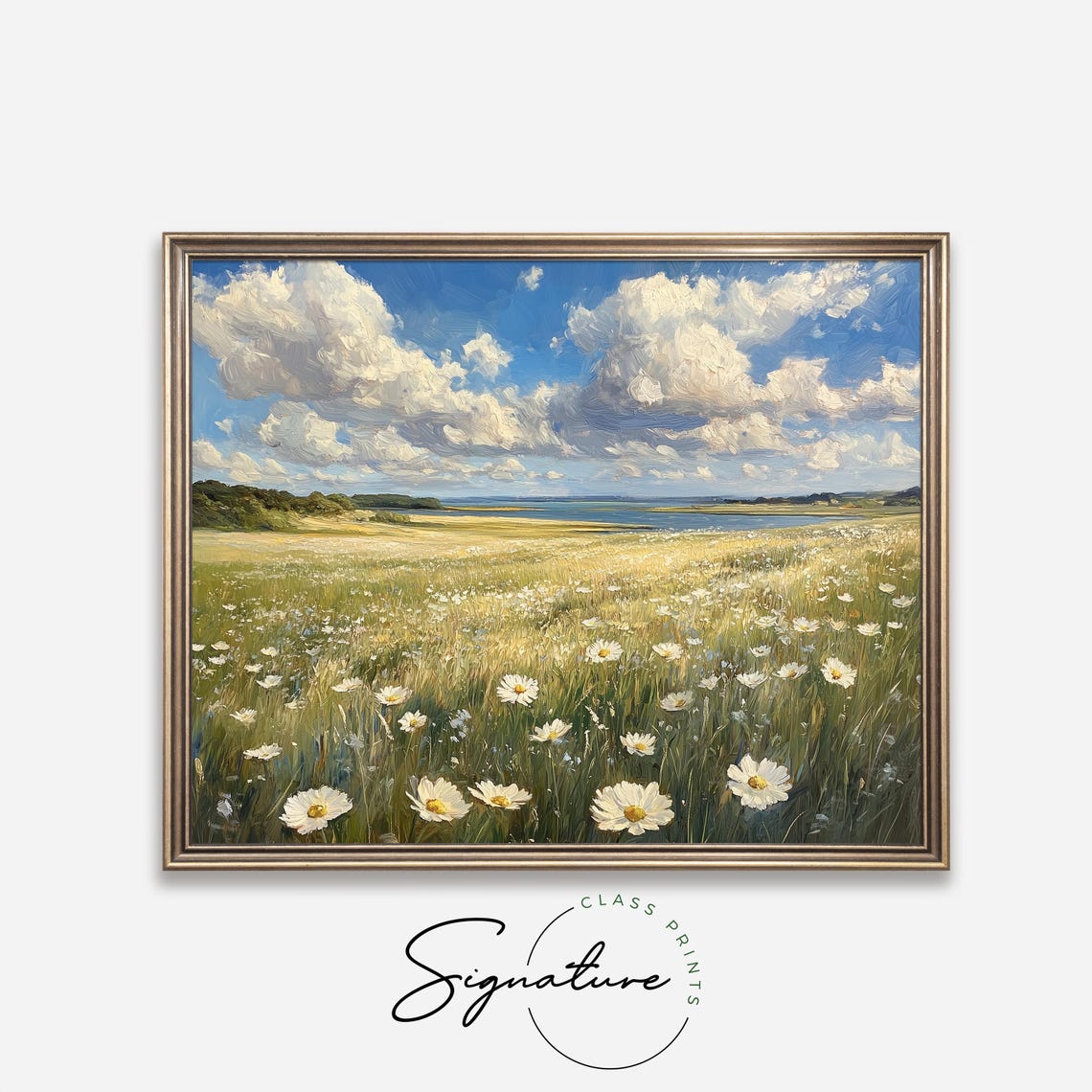 White Daisy Meadow Lakeside Dramatic Clouds Summer Wildflower Poster - Image 4
