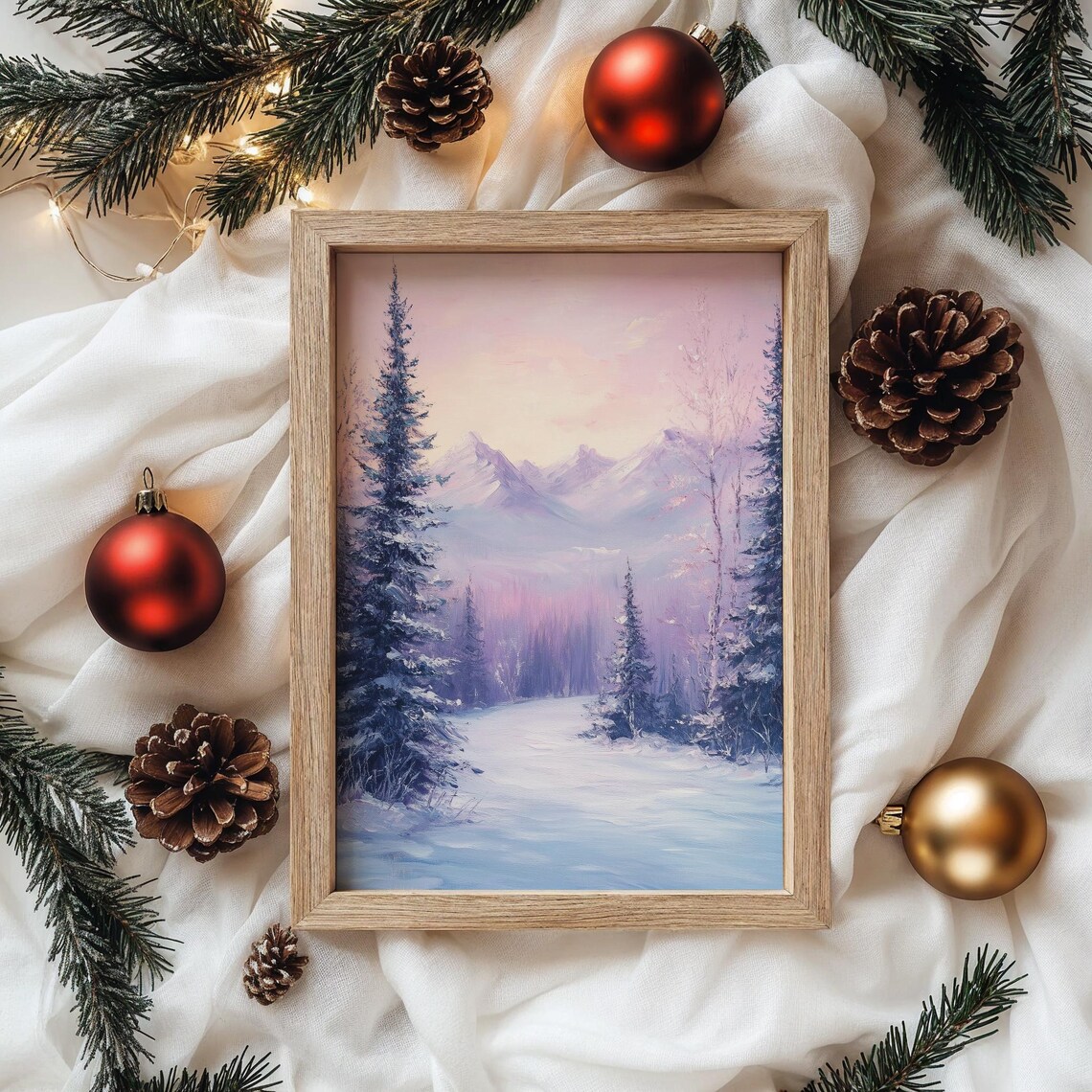 Pastel Pink Sunset Glow Snowy Pine Trail Mountains Oil Painting Poster - Image 4