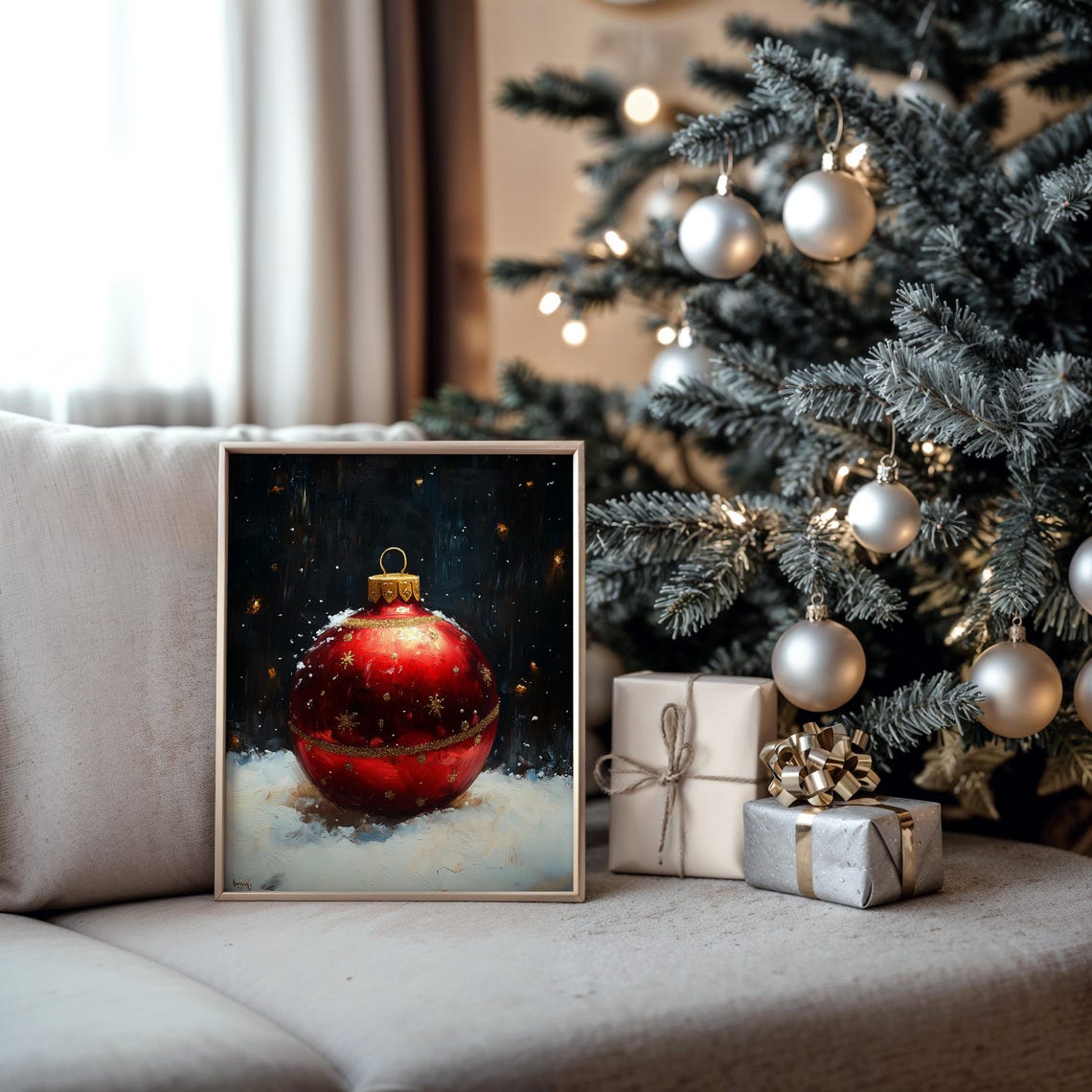 Red Christmas Ornament On Snow Classic Oil Painting Holiday Poster - Image 5