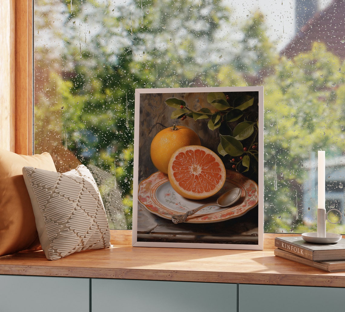 Fresh Grapefruit Half on Floral Plate Citrus Still Life Poster - Image 2