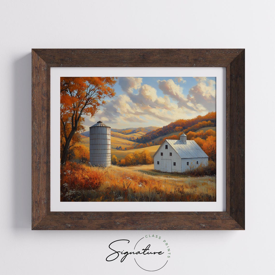 White Barn Silo Autumn Rolling Hills Fall Farmhouse Landscape Wall Art - Image 5