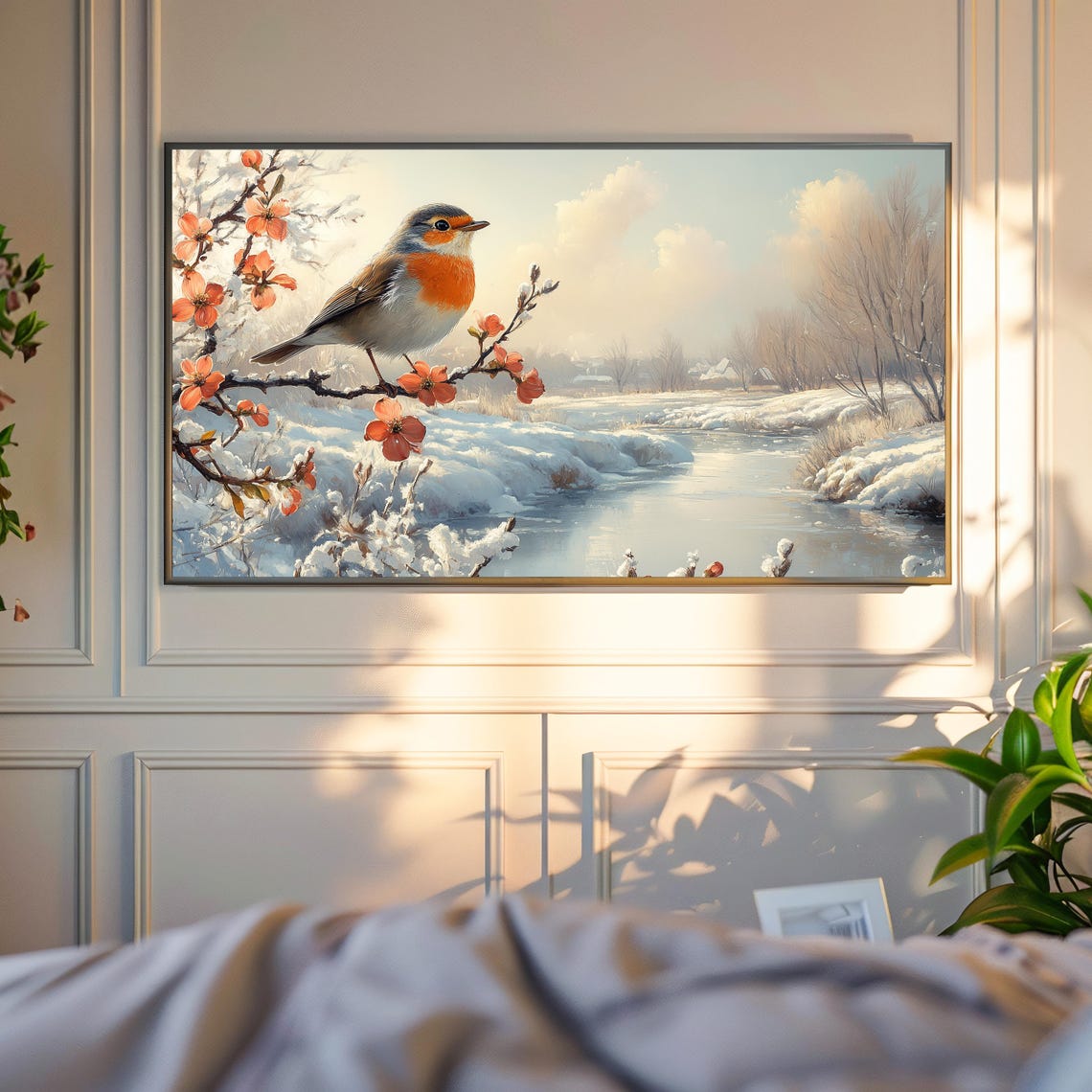Robin On Snowy Blossom Branch Over Frozen Winter River Poster - Image 4