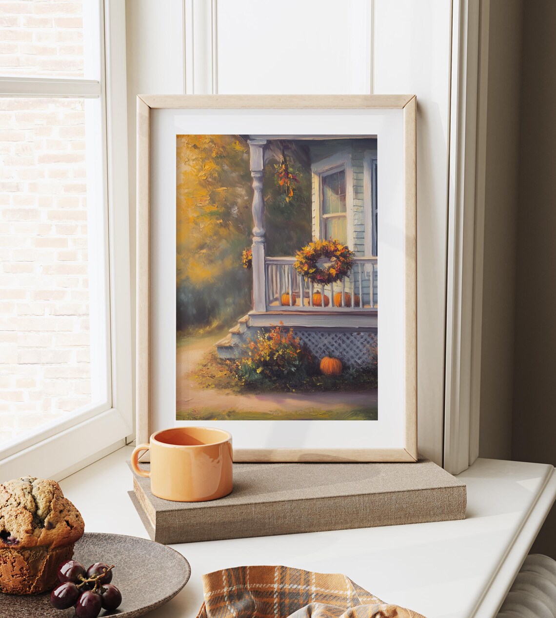 Charming Cottage Porch Decorated with Pumpkins and a Fall Wreath Poster - Image 6