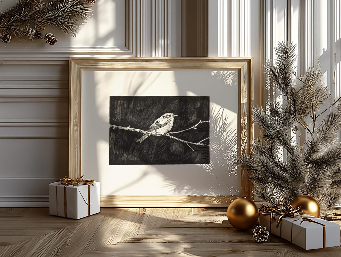 White Songbird On Branch Black Background Scratchboard Style Poster - Image 2