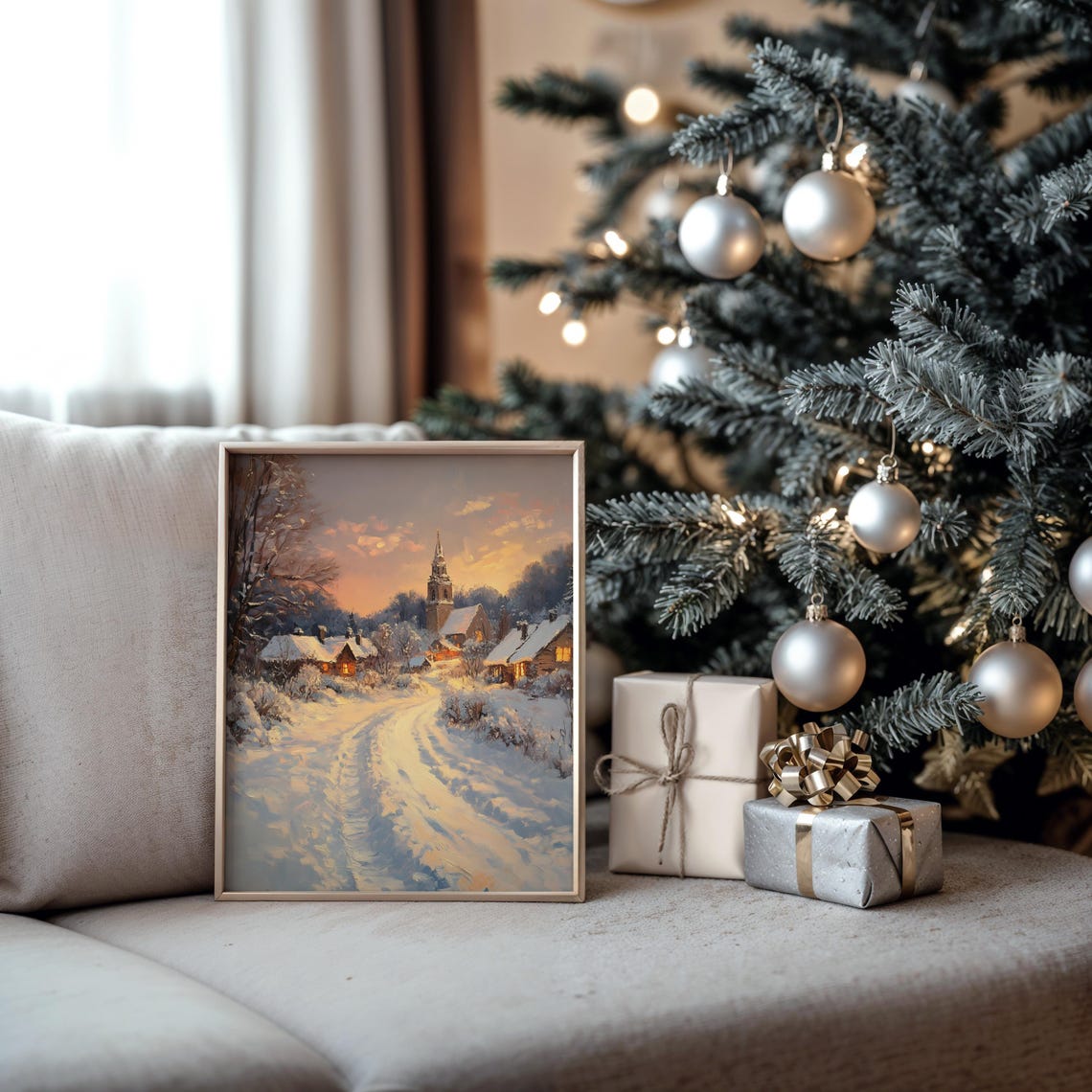 Snowy Village at Sunset with Church Steeple and Cottages Poster - Image 5
