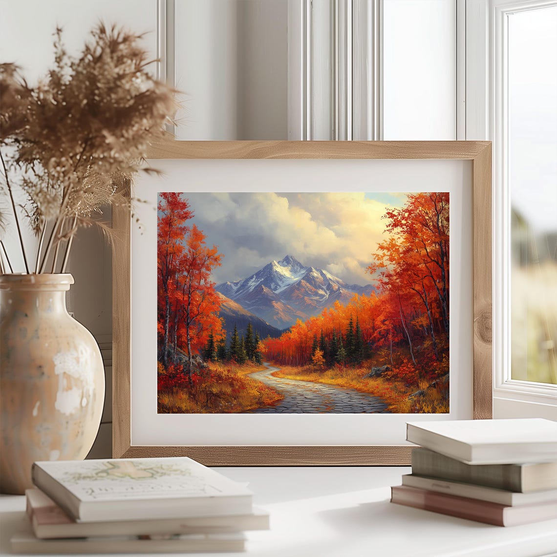 Cobblestone Path Autumn Forest Mountain Peak Oil Painting Poster - Image 2