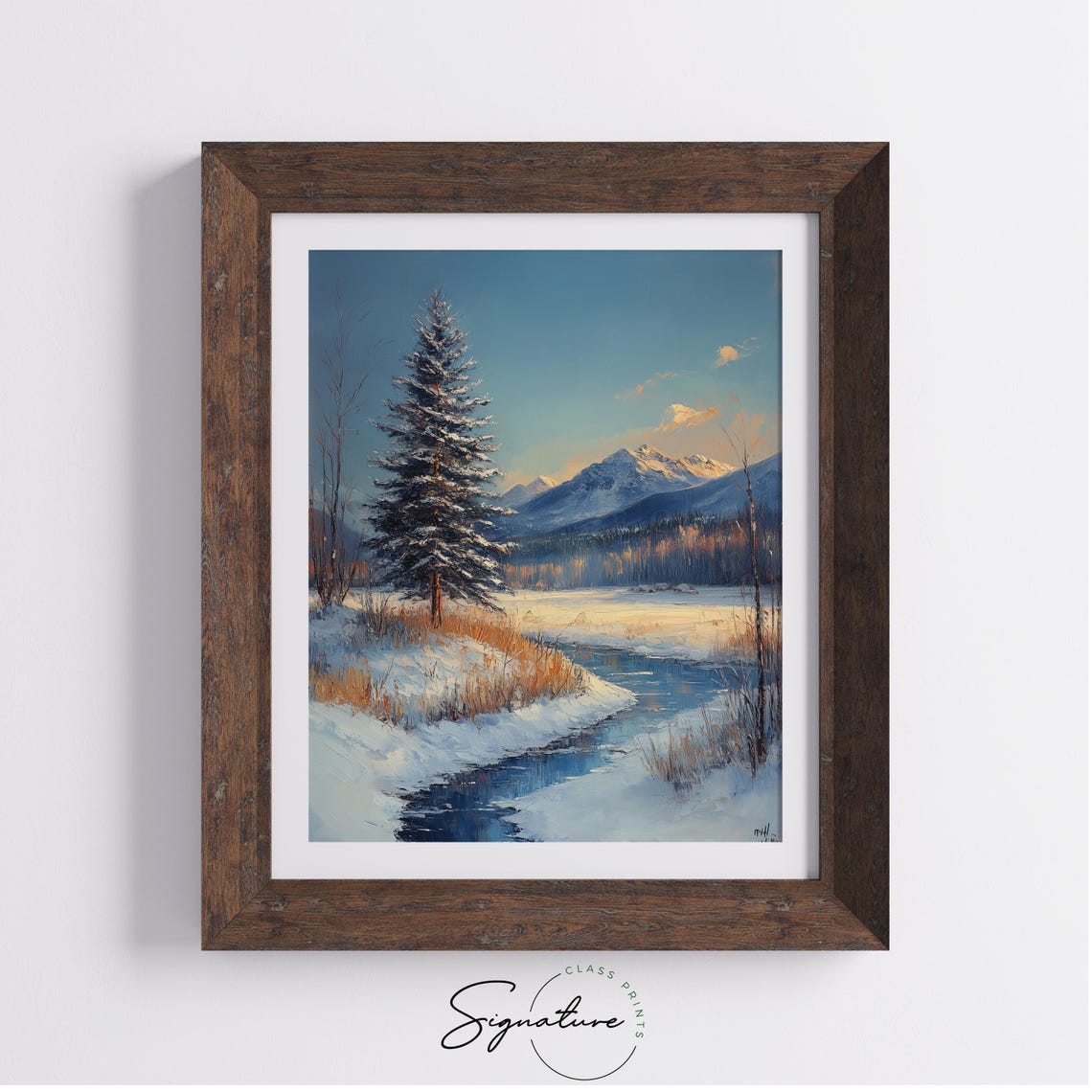 Snowy Mountain Stream with Lone Pine under Golden Sunset Poster - Image 3