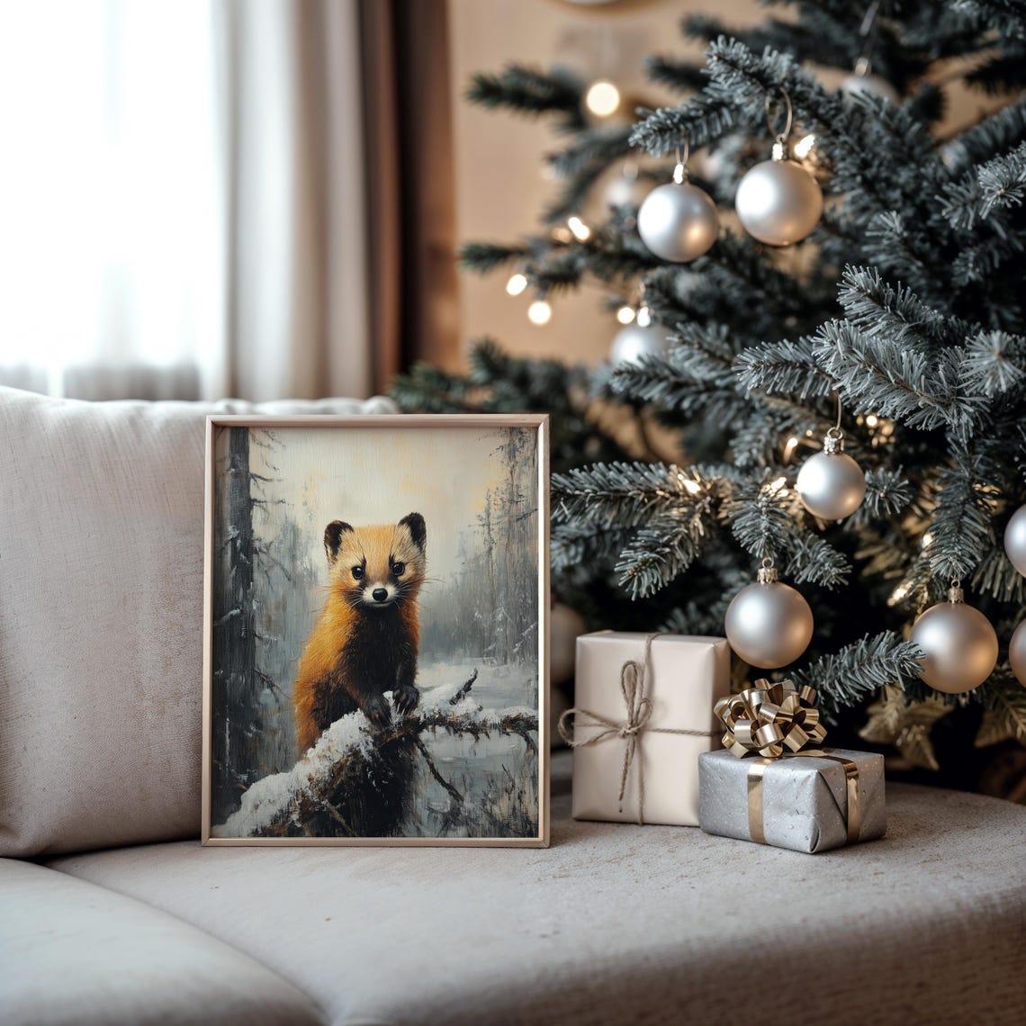 Pine Marten on Snowy Branch Winter Forest Wildlife Oil Painting Print - Image 5