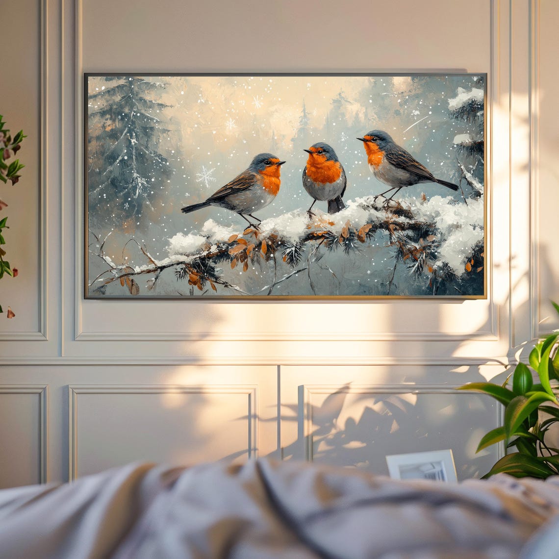 Robin Trio On Snowy Pine Branch In Gentle Snowfall Winter Art Poster - Image 4