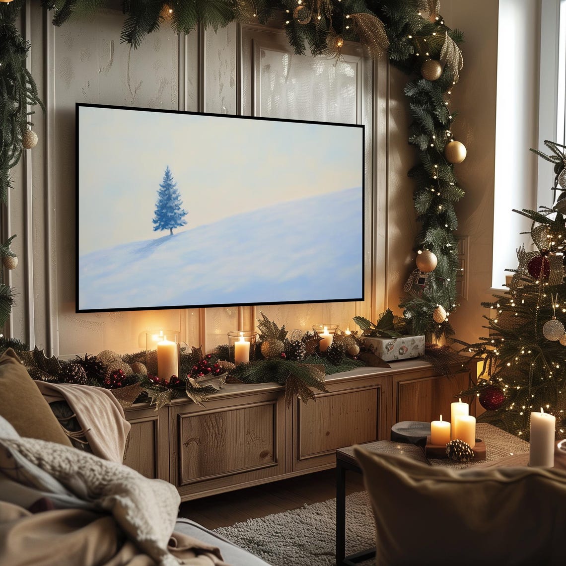 Lone Evergreen Tree on Snowy Hill Pastel Winter Scene Poster - Image 3