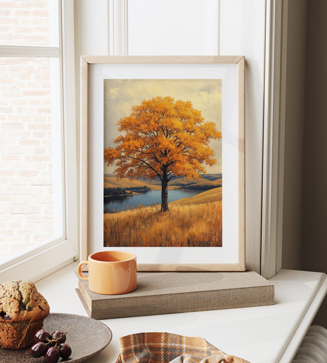 Lone Golden Tree Lakeside Meadow Sunset Landscape Painting Print - Image 6