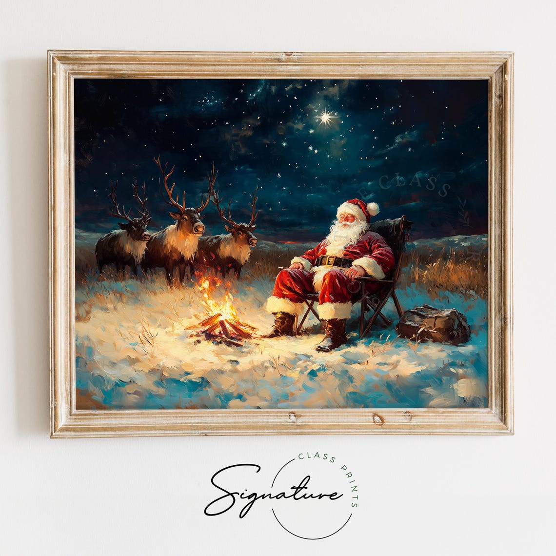 Santa Claus By Campfire With Reindeer Under A Starry Night Poster