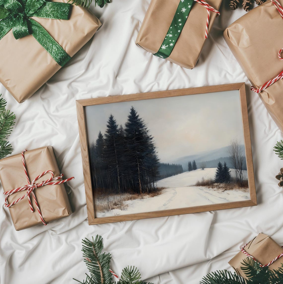 Winter Forest Path Snowy Pines Oil Painting Quiet Landscape Poster - Image 5