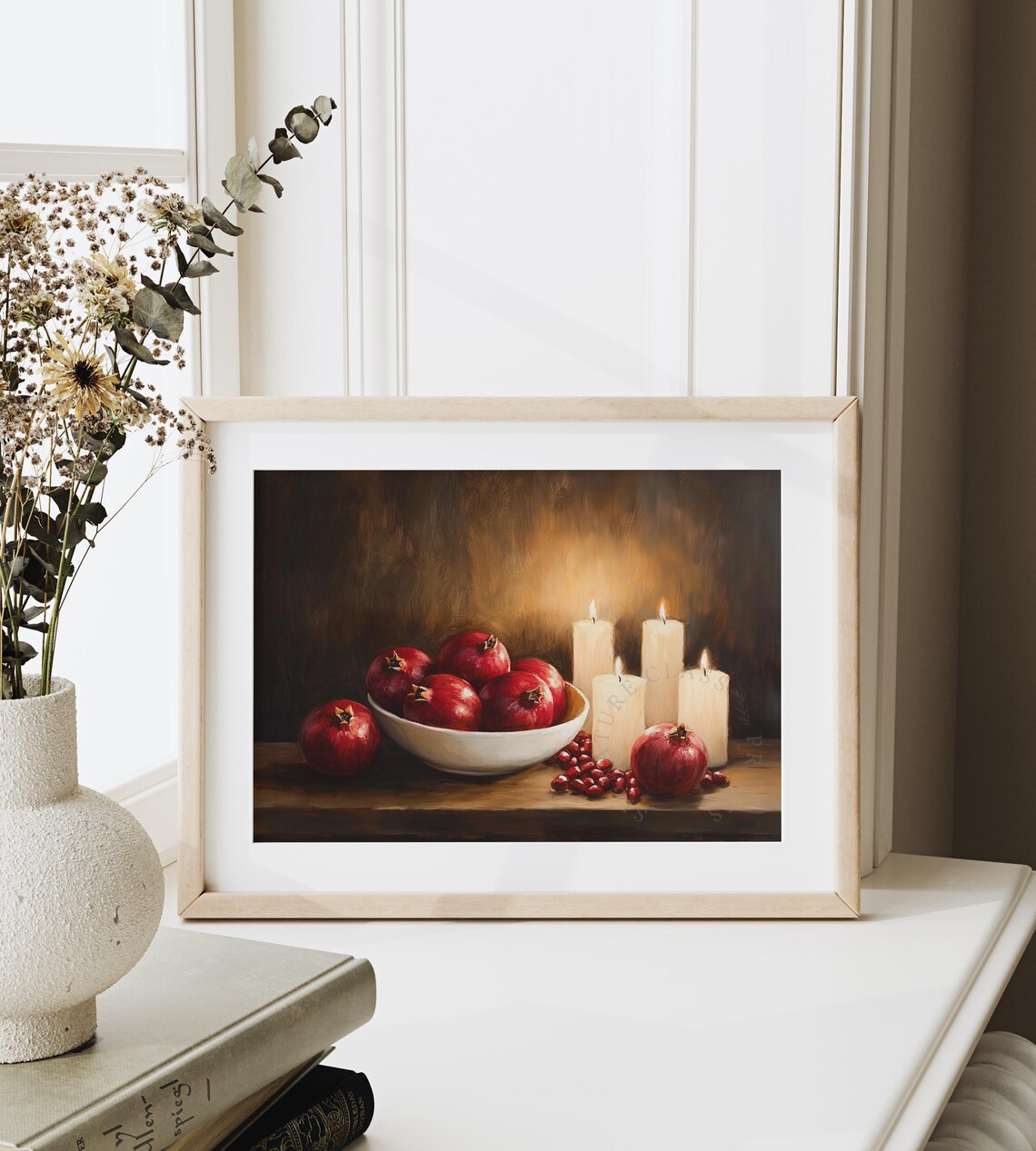 Rustic Bowl Of Pomegranates And Candles Moody Christmas Wall Art Festive Farmhouse Winter Decor Vintage Holiday Painting 2717 - Image 6