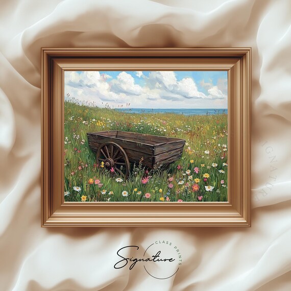 Old Wooden Wagon Wildflower Meadow Seaside Rustic Landscape Painting