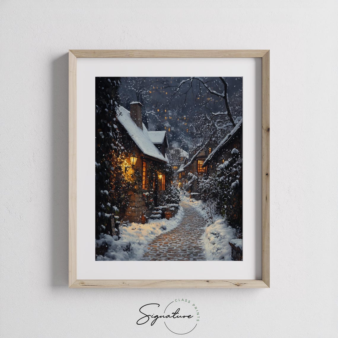 Snowy Cobblestone Alley at Night with Glowing Cottages Poster - Image 2