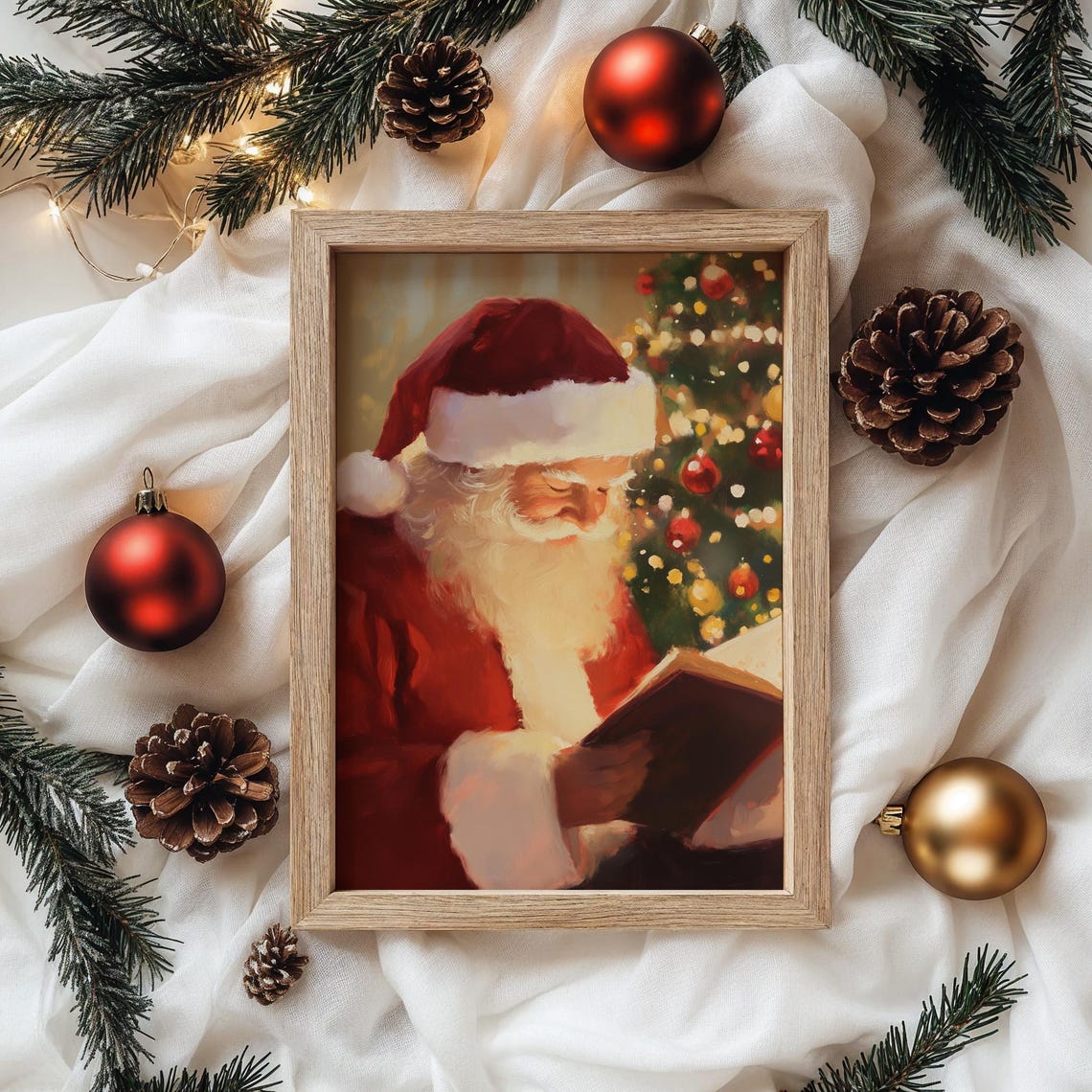 Santa Claus Reading By The Christmas Tree Warm Holiday Painting Poster - Image 3