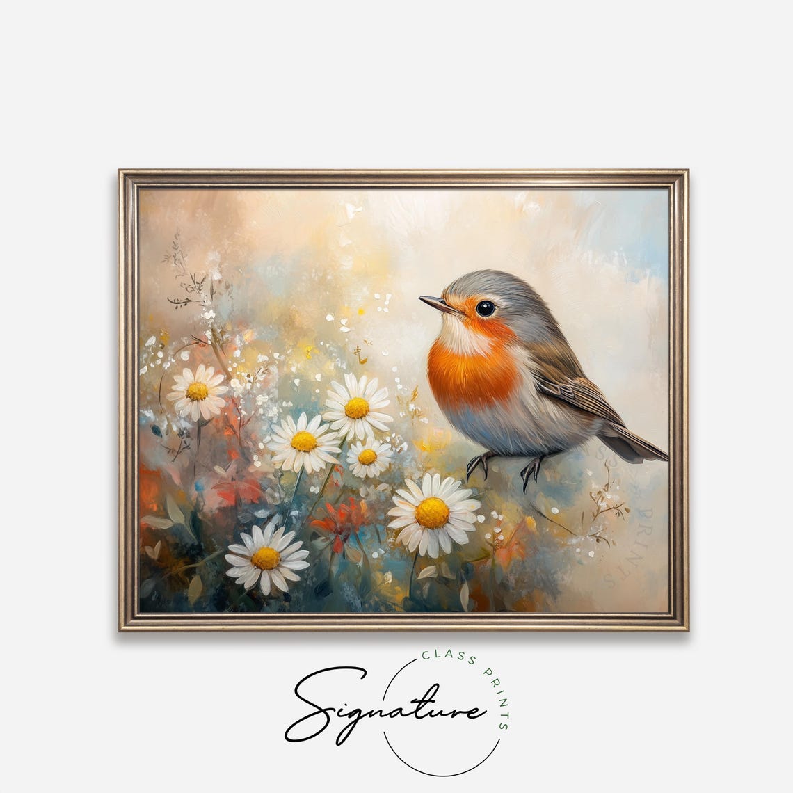 Robin Standing Among White Daisies In Soft Pastel Spring Wall Art - Image 4