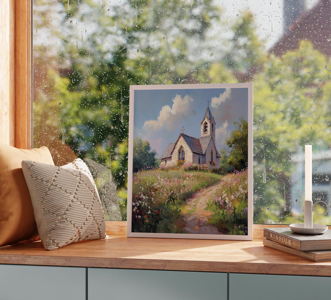 Stone Chapel in Wildflower Meadow Soft Pastel Sky Country Poster - Image 2