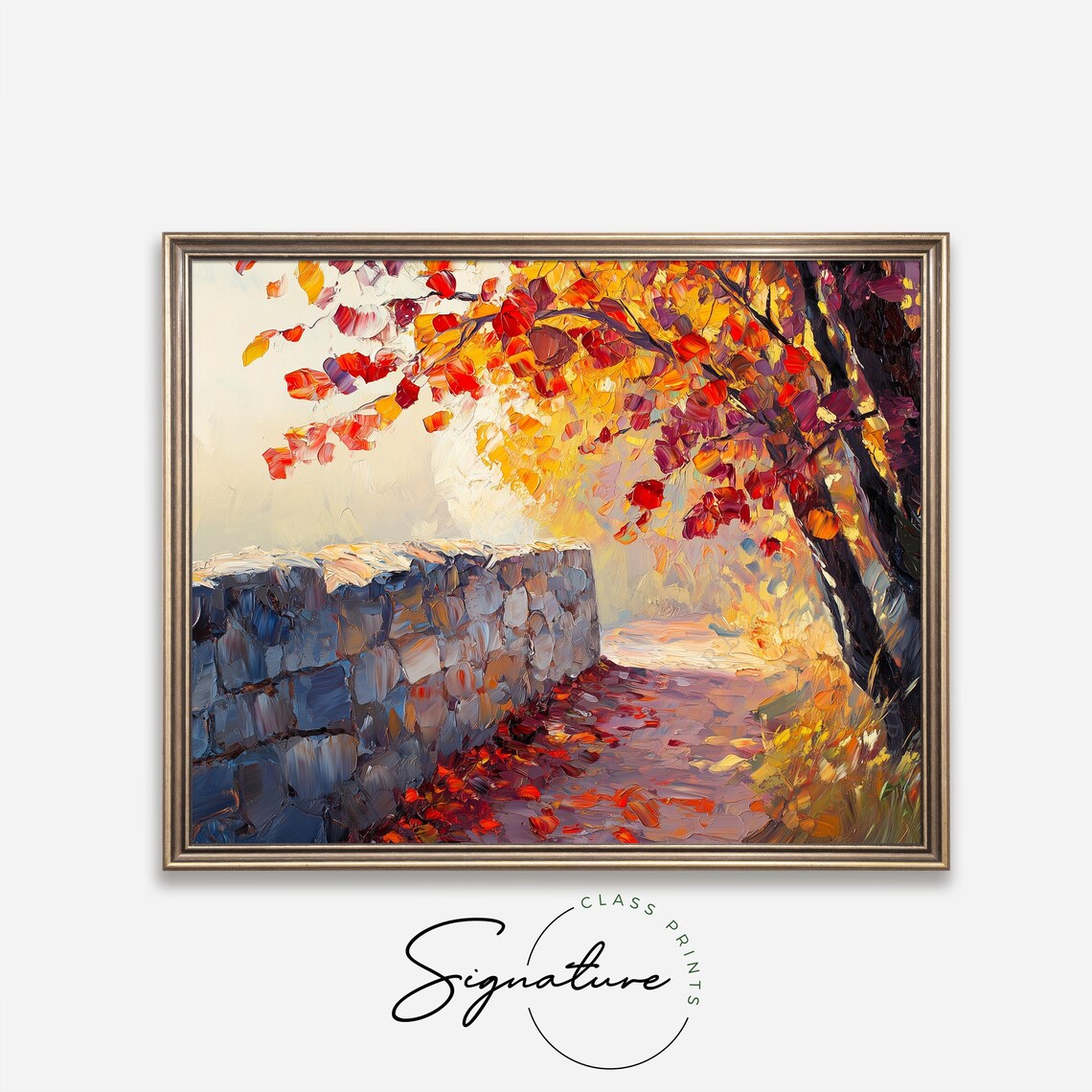 Autumn Stone Wall Painting Colorful Fall Foliage Impasto Landscape Poster - Image 4