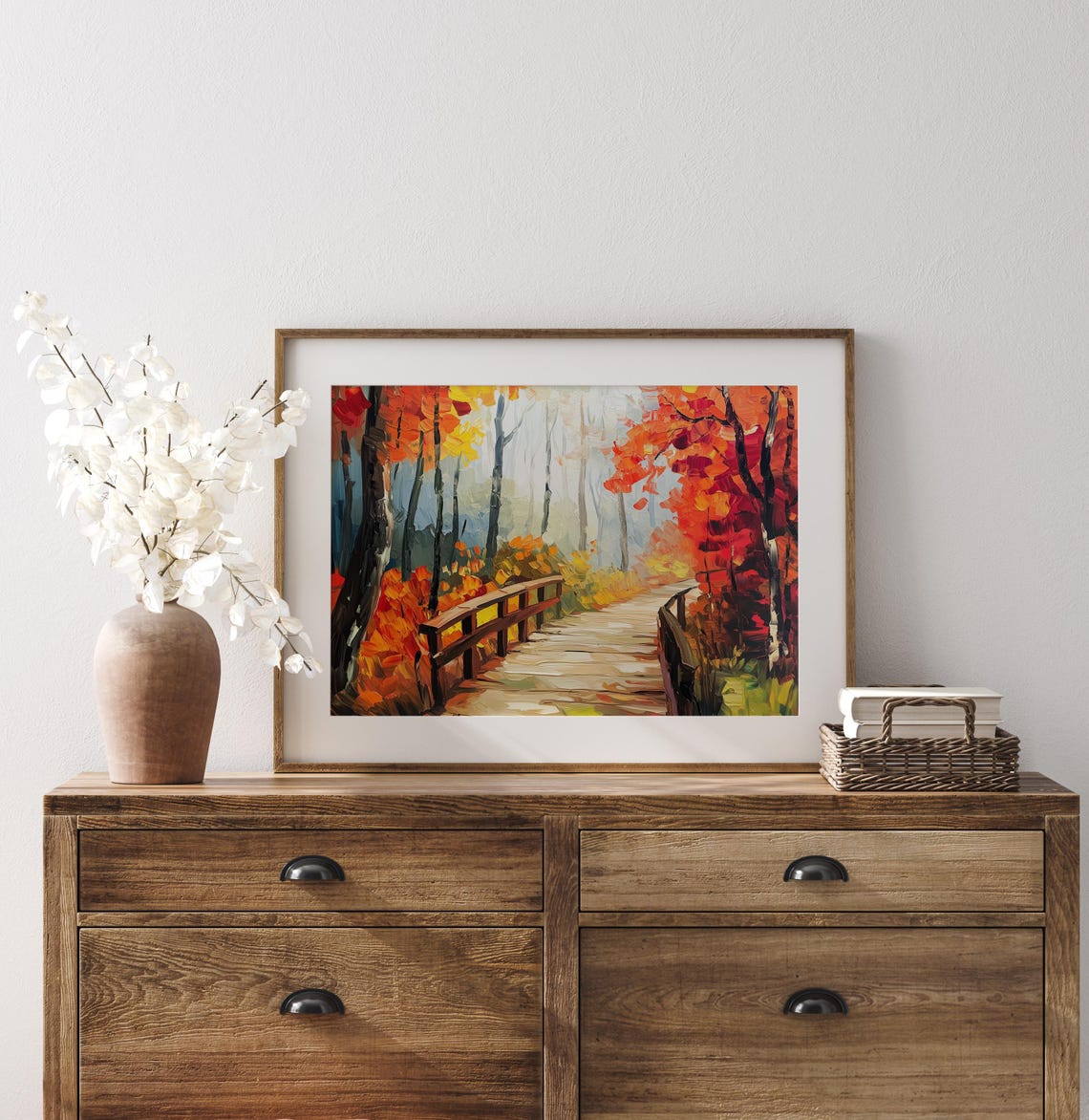 Wooden Footbridge In Misty Autumn Forest Fall Trail Scene Poster - Image 3