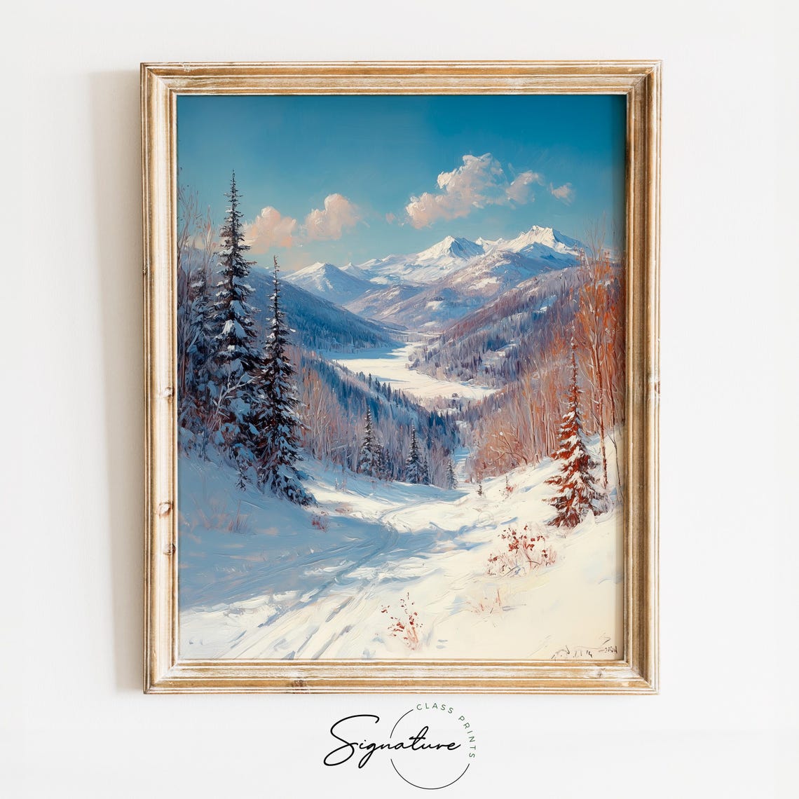 Sunny Snowy Mountain Valley Between Tall Peaks Winter Poster
