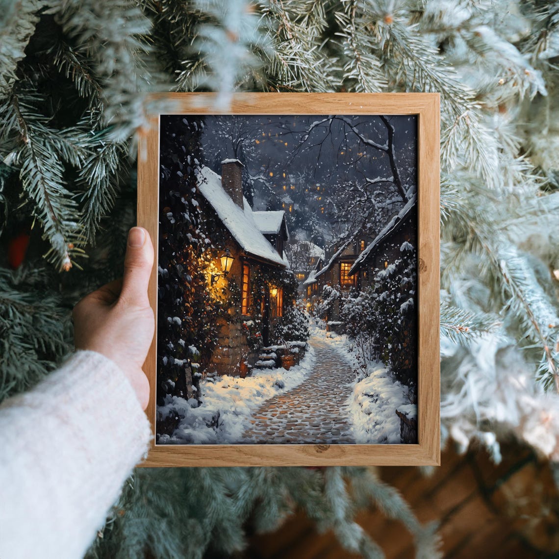Snowy Cobblestone Alley at Night with Glowing Cottages Poster - Image 6