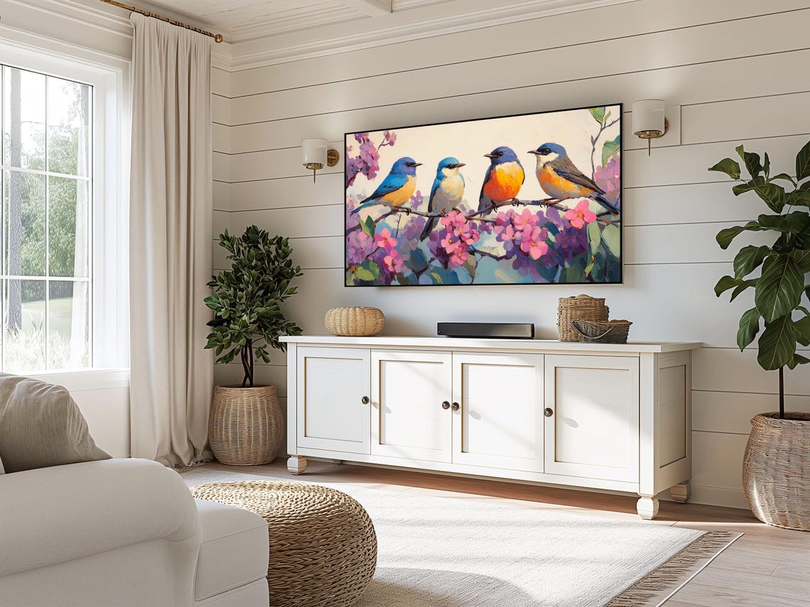 Four Warblers On Blossoming Branch Spring Bird Frame Art Print - Image 3